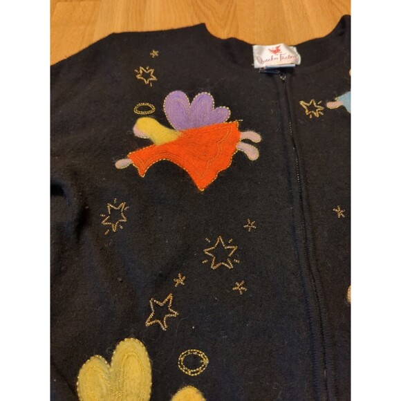 Quacker Factory Sweater Womens Large Wool Black Beaded Appliqué Angels Zip - Picture 3 of 9